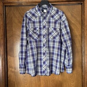 Wrangler XXL Pearl Snap Western Purple Plaid Long Sleeve Button Up Shirt Men's